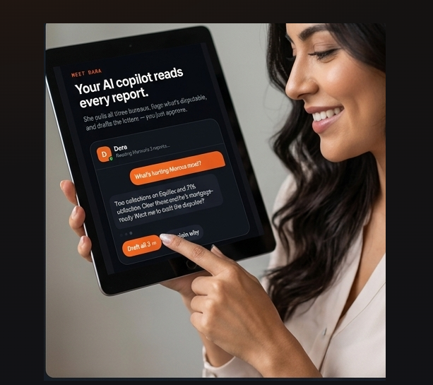 A credit-repair pro pointing at Dara, the AI copilot, on an iPad